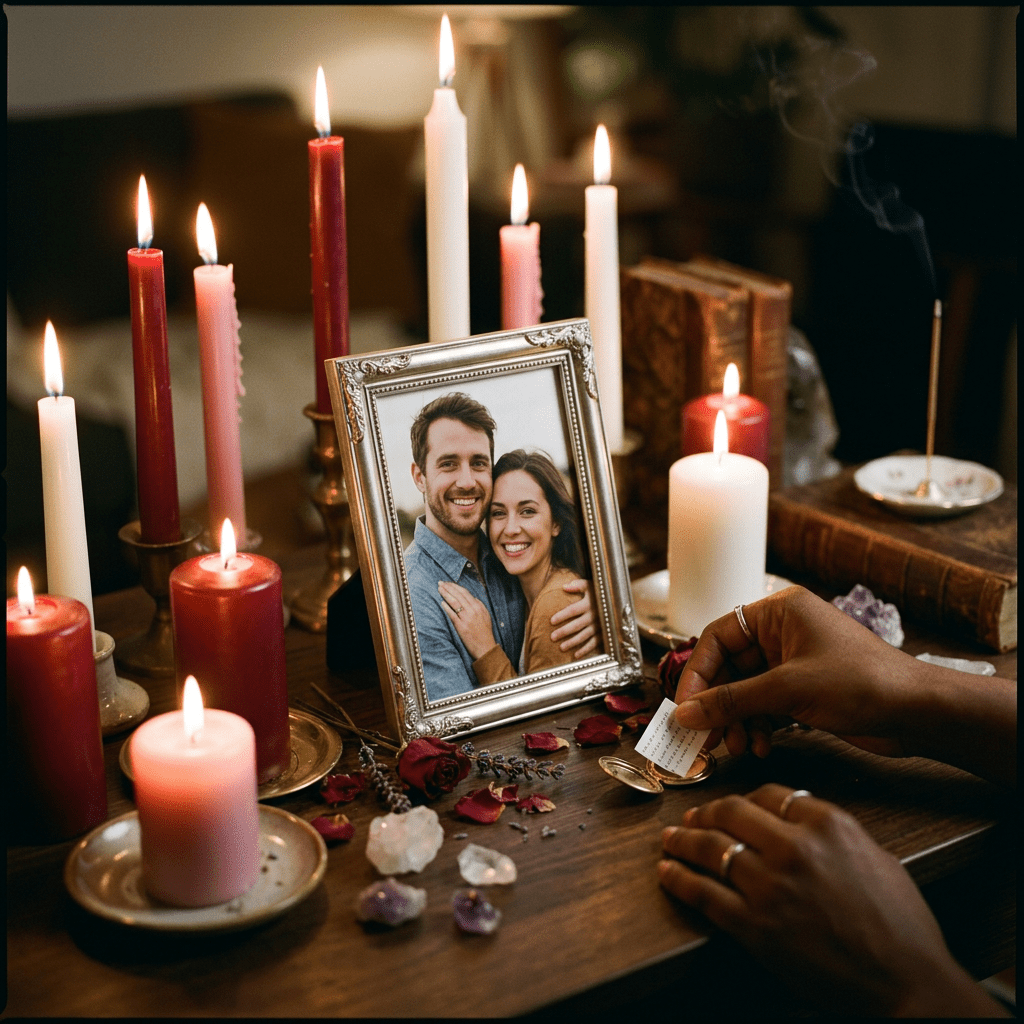 Love return ritual with couple photo and candles