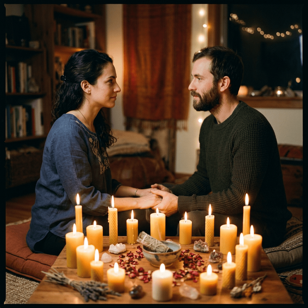 Couple holding hands sitting by a table with lit candles, crystals, and dried flowers.