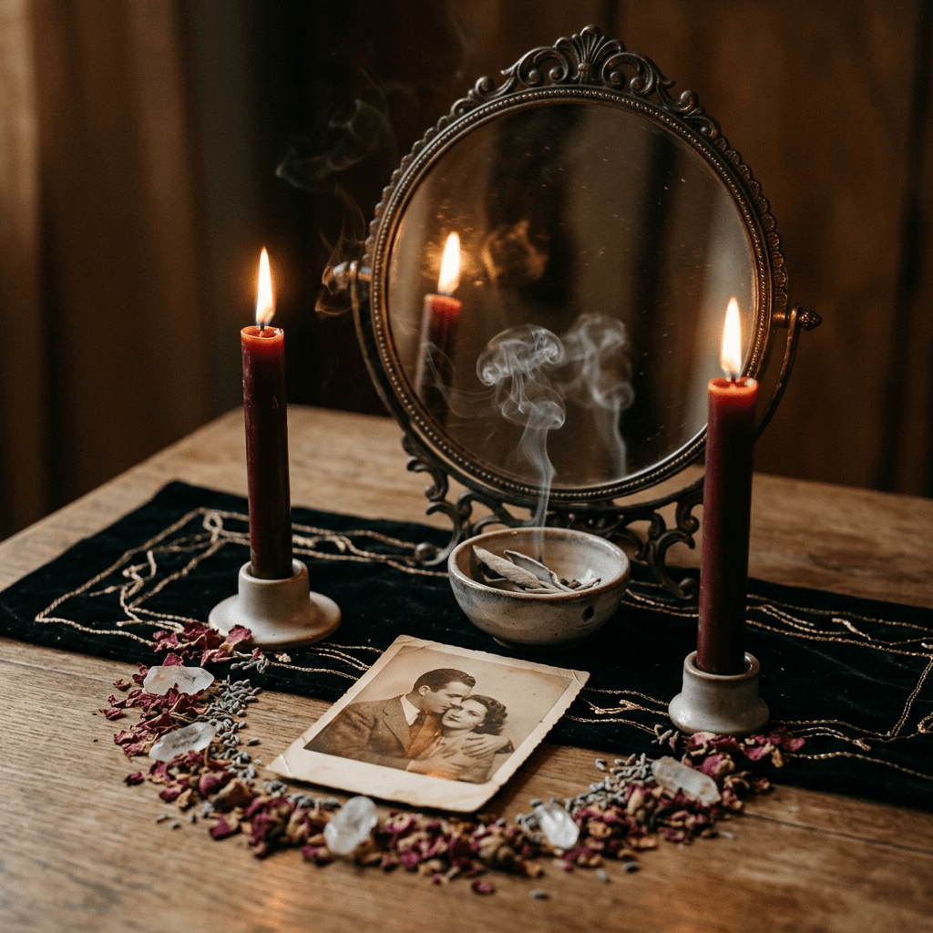 Vintage photograph of a couple surrounded by dried flowers, crystals, two lit candles, a mirror, and a bowl with smoking sage on a wooden table.