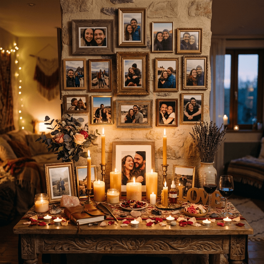 Wall covered with framed couple photos above a table decorated with candles, flowers, and mementos