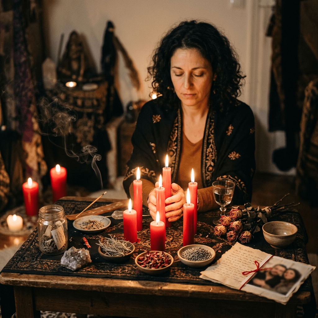 Woman meditating at table with burning red candles, herbs, dried flowers, and photographs