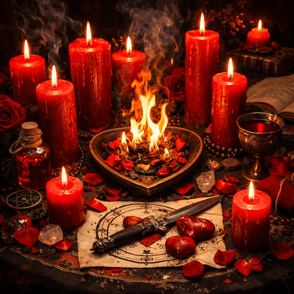 Altar with lit red candles, ceremonial dagger, burning herbs, rose petals, crystals, and a chalice