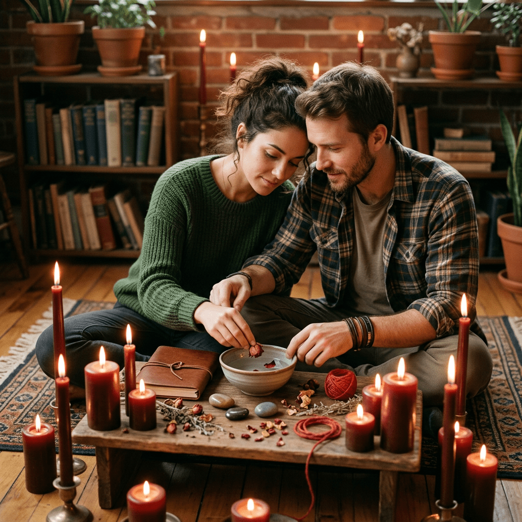 Couple sitting on the floor surrounded by lit candles, sharing a bowl with dried flowers and herbs