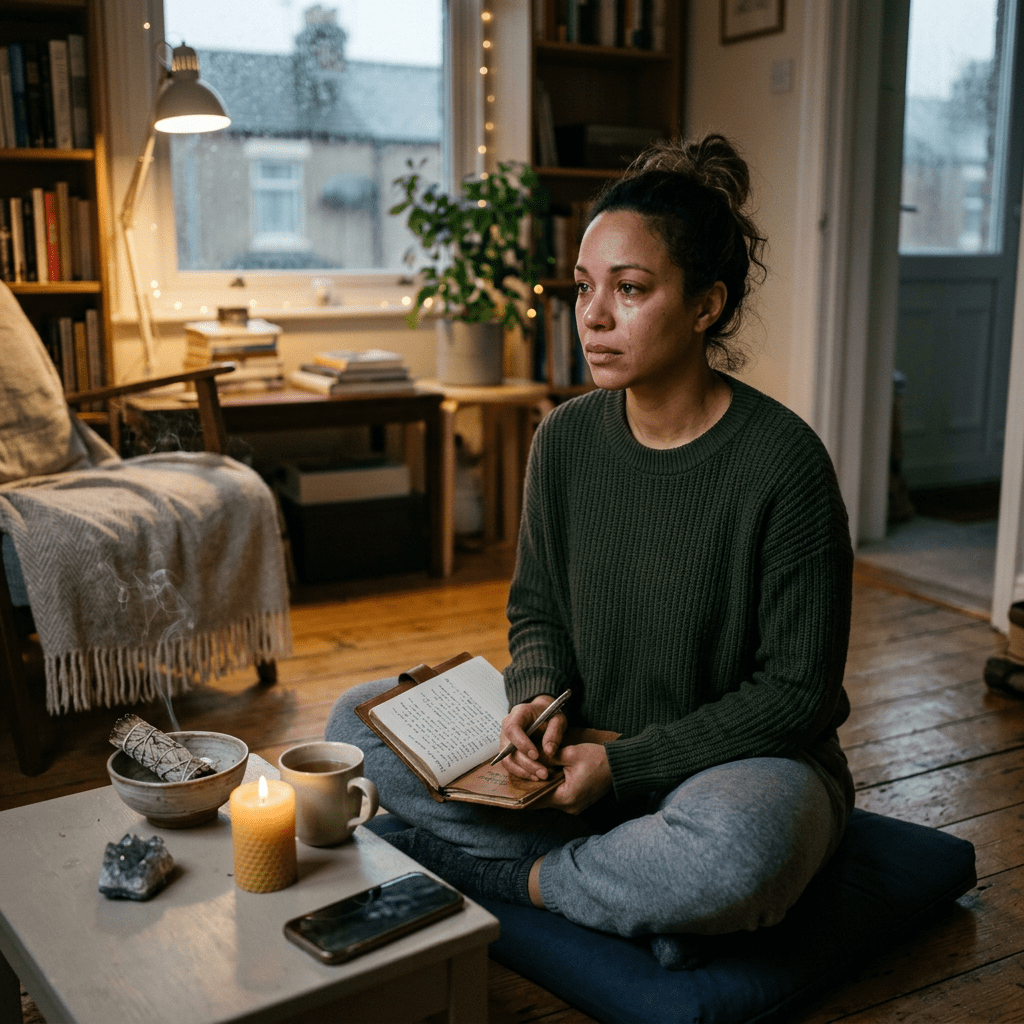 Woman in green sweater journaling while sitting on floor cushion in cozy room with lit candle and mug