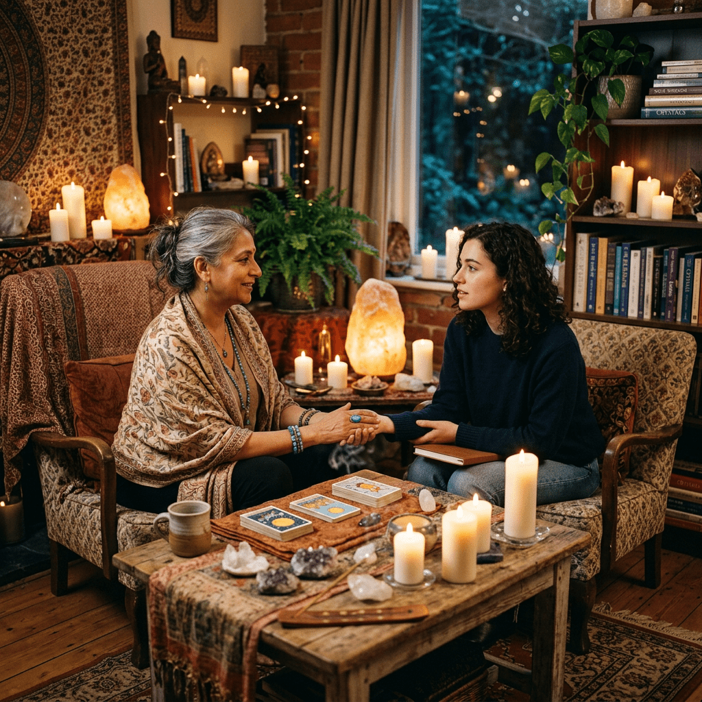 Two women in a cozy room holding hands during a tarot card reading surrounded by candles and crystals
