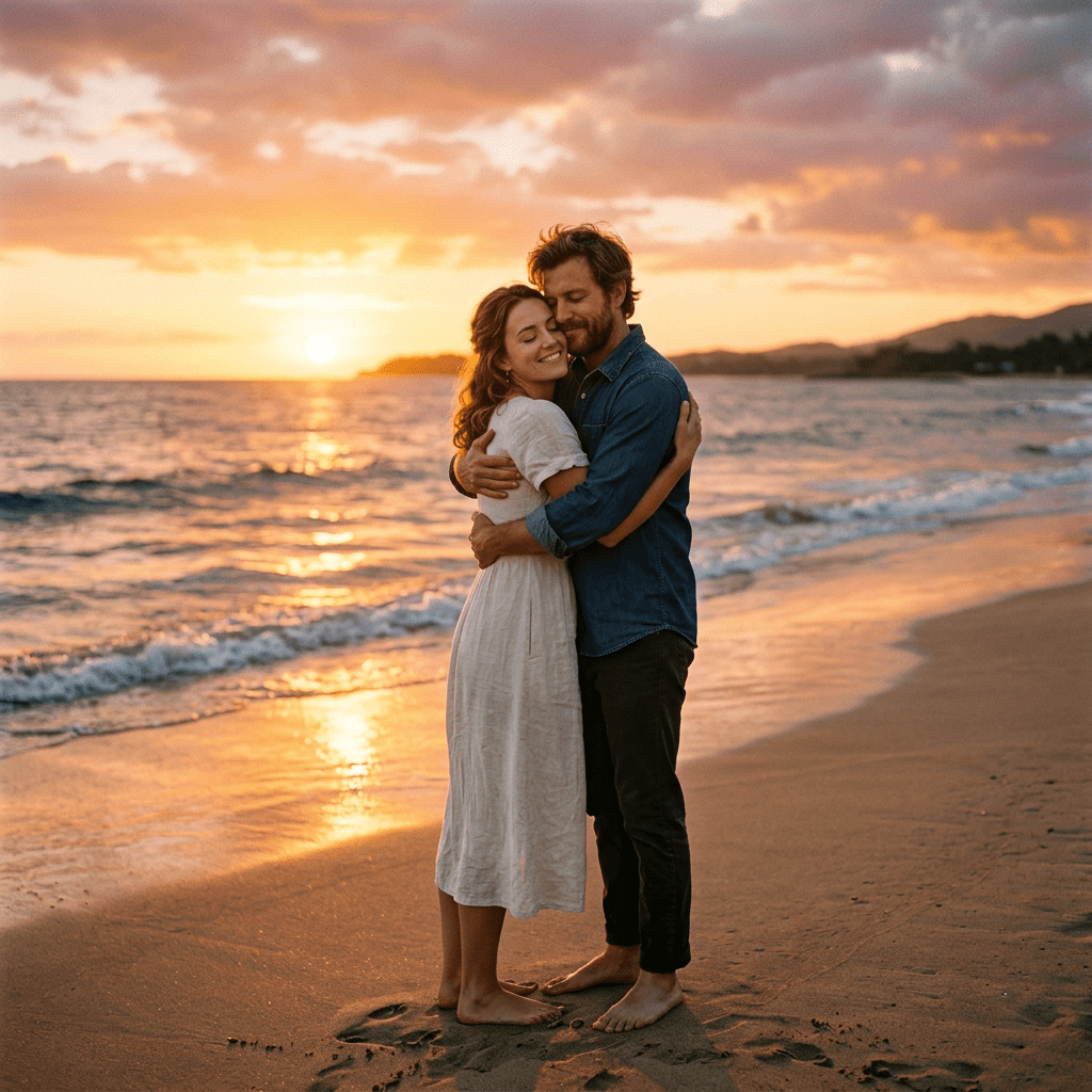 Couple embracing under warm sunset light