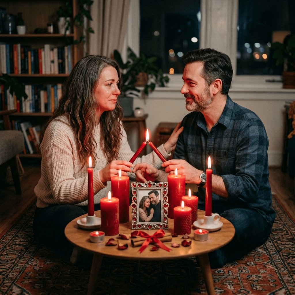 Couple lighting red candles around framed photo on table in living room