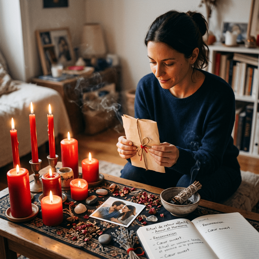 Woman holding tied paper near red candles, photo, crystals, and ritual notes on table