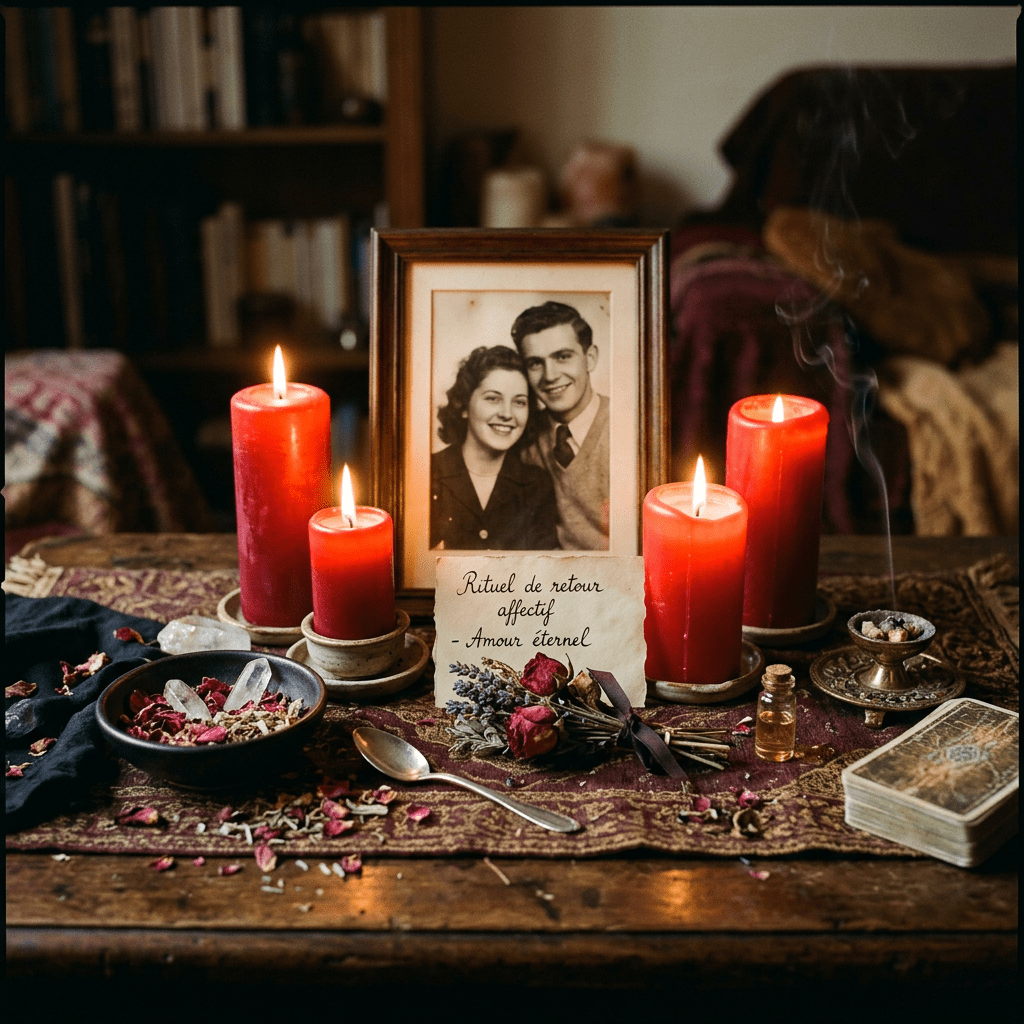 Altar with red candles, dried flowers, a vintage couple's photo, tarot cards, and ritual items