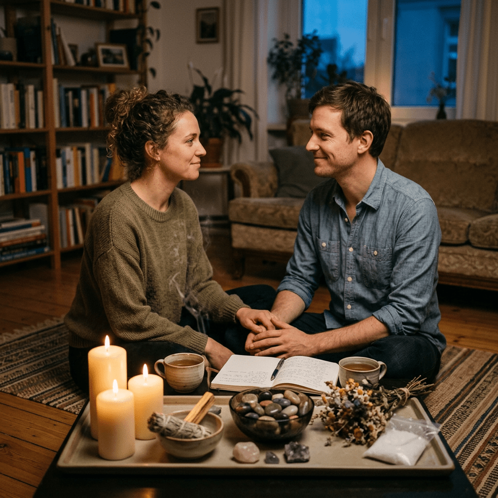 Couple holding hands next to candles, crystals, and open notebook on a tray