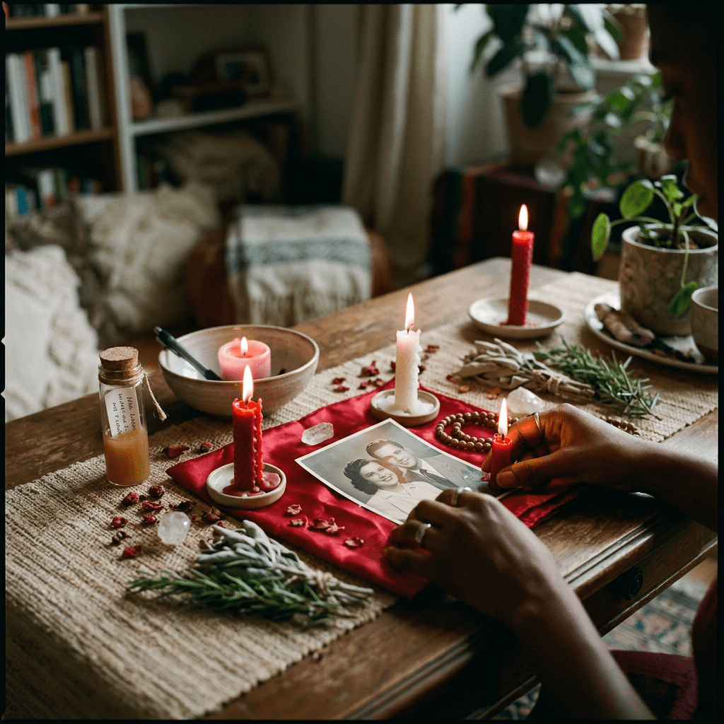 Hands lighting a red candle near an old black and white photo surrounded by candles, herbs, and crystals on a wooden table