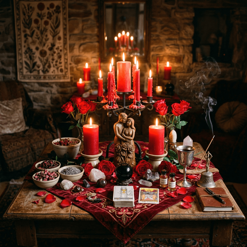 Altar with red candles, roses, tarot cards, crystals, and incense smoke