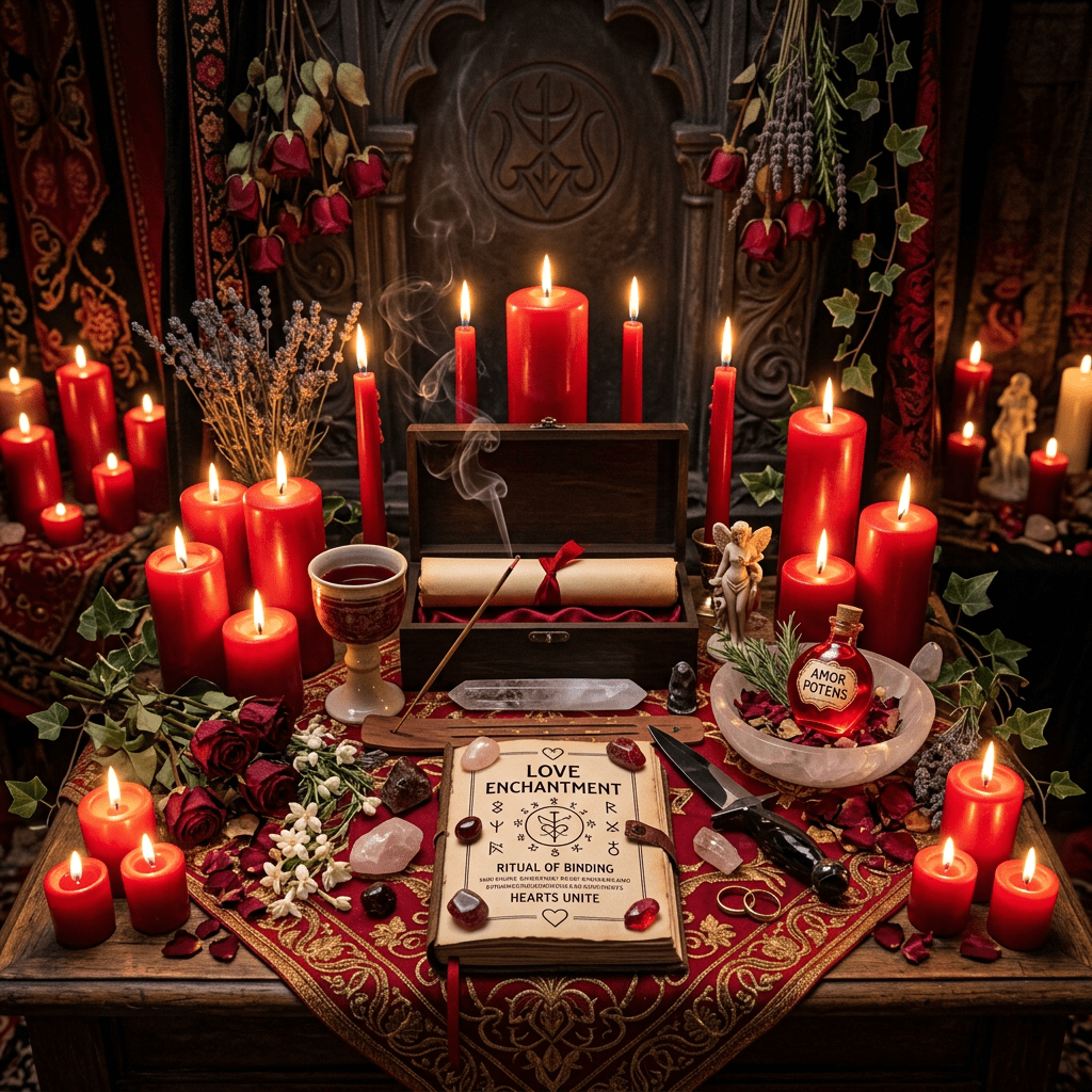 Altar with red candles, crystals, a book titled Love Enchantment, incense smoke, a ritual knife, and a potion bottle labeled Amor Potens