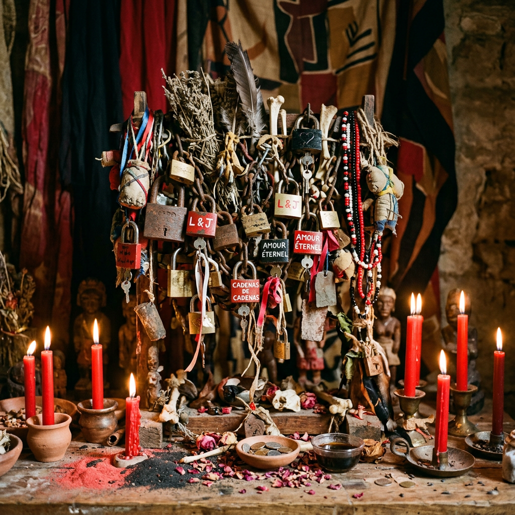 Voodoo altar featuring chains, padlocks, bones, candles, beads, and ritual objects