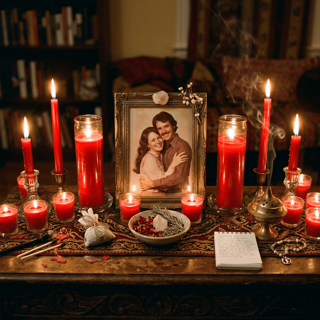 A memorial altar with red candles, a framed photo of a smiling couple embracing, dried flowers, crystals, incense, and a handwritten note