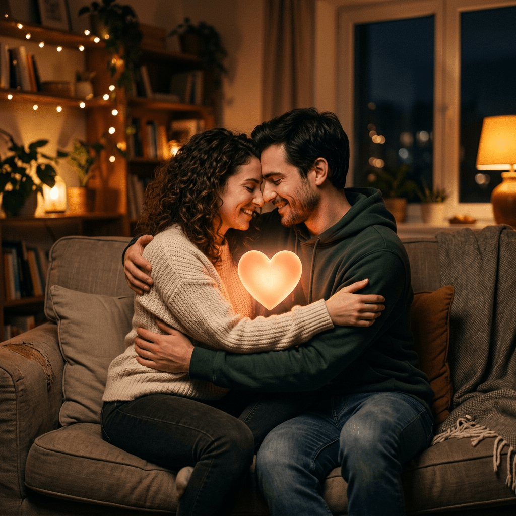 Couple sitting on a sofa, hugging with foreheads touching and a glowing heart symbol between them