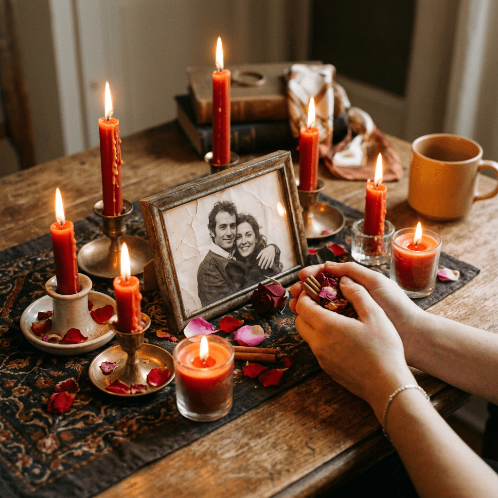 Framed black and white photo of a couple surrounded by red candles and rose petals