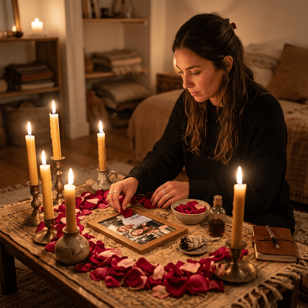 Woman placing rose petals around framed photo on table with lit candles