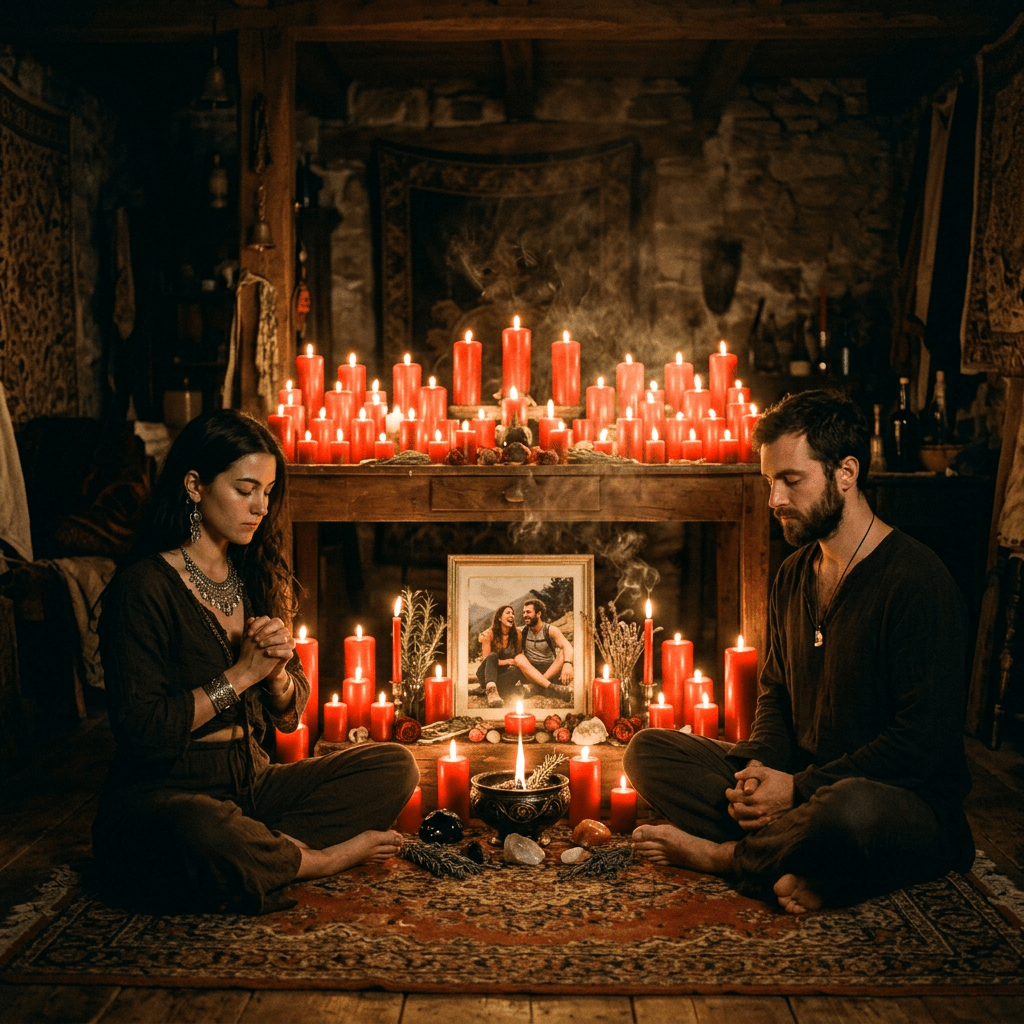 Intense ritual with red candles and couple photo