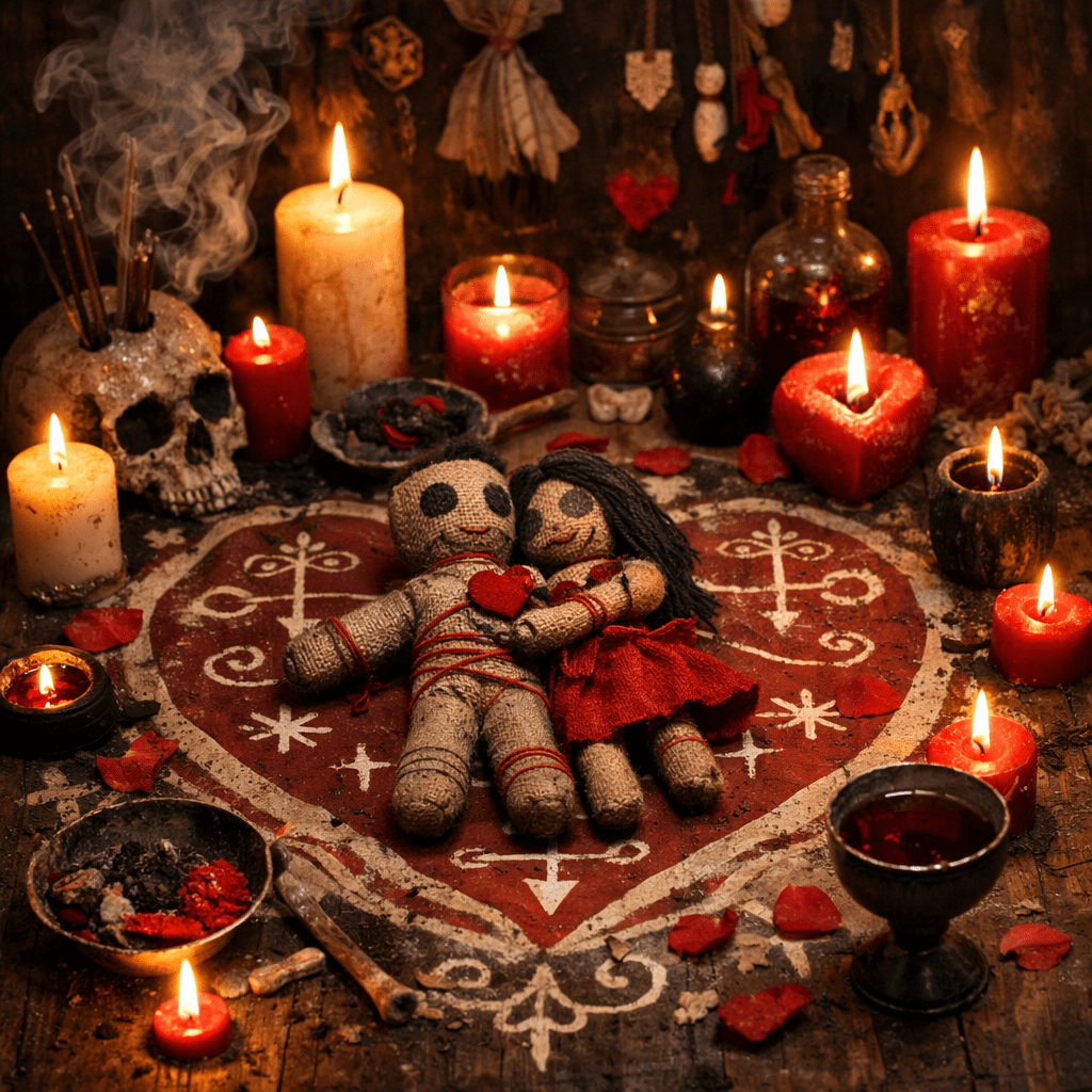 Vaudou love ritual with candles and symbols