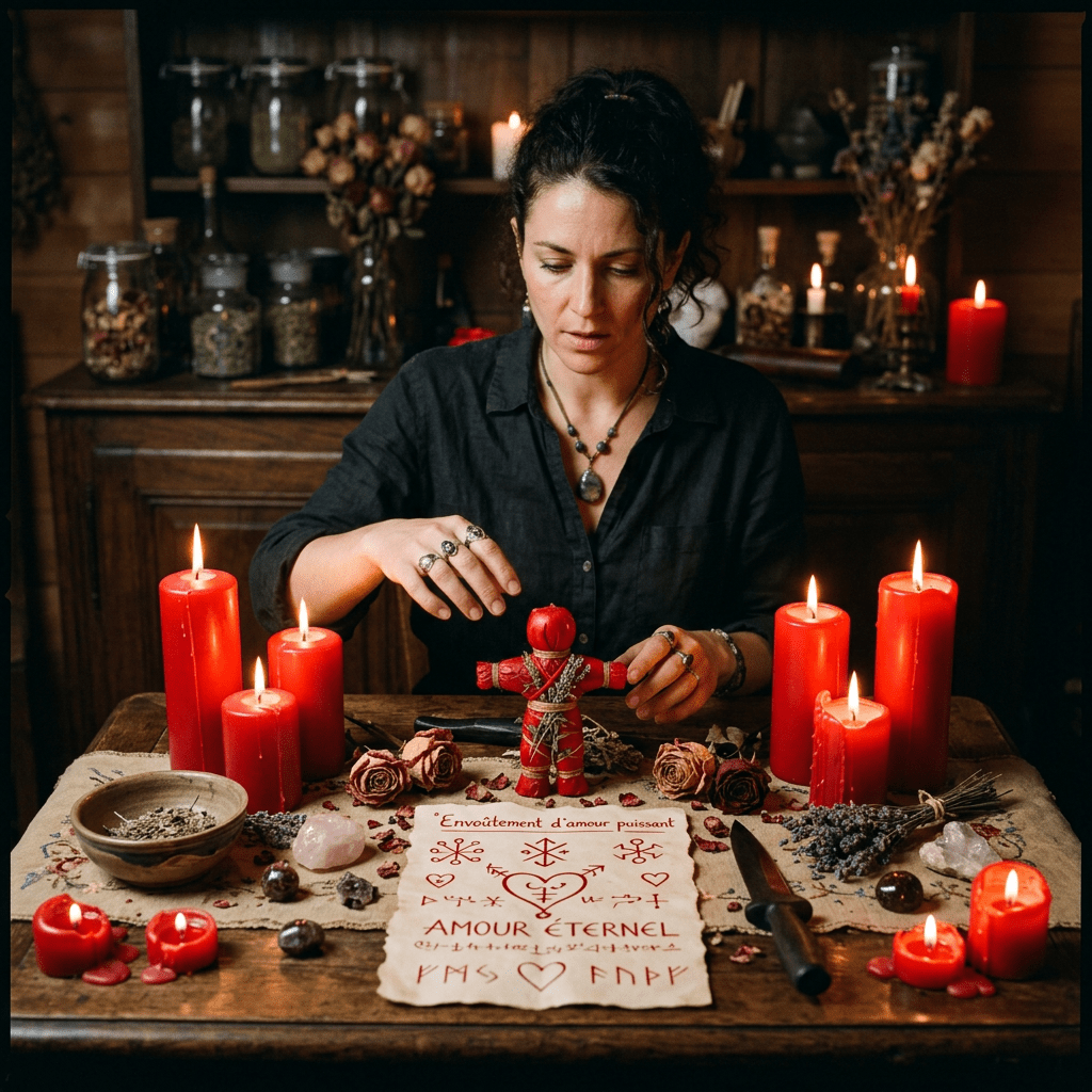 Woman arranging a red voodoo doll amid candles and mystical symbols on paper