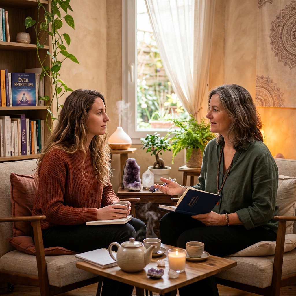 Two women sitting across from each other in a cozy room, having a deep conversation with notebooks and tea.