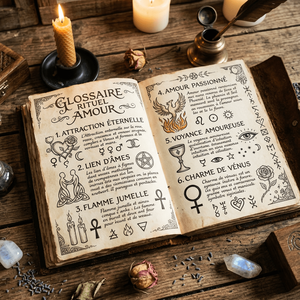 Open aged spellbook showing detailed love rituals and mystical symbols
