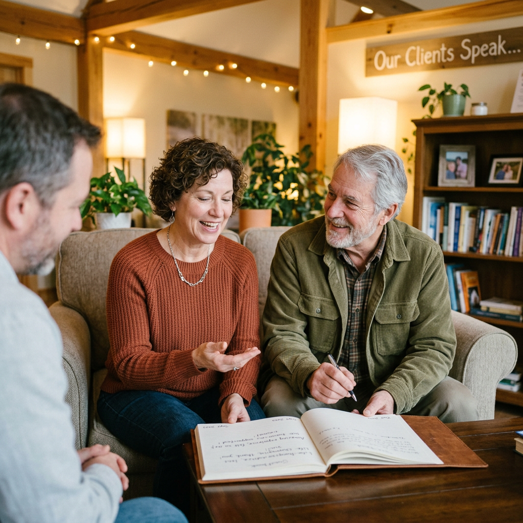 Three people discussing notes in a cozy office environment