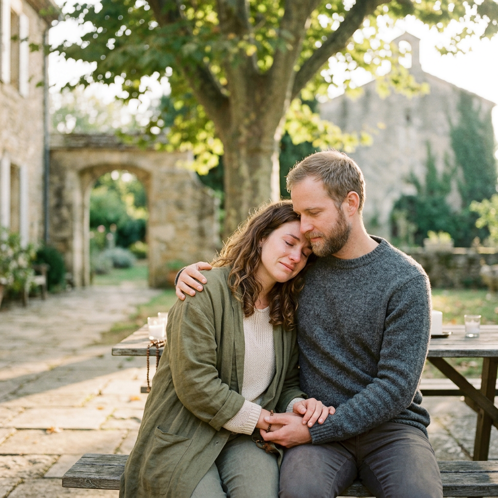 A man and woman sitting closely on a bench, holding hands and leaning on each other in an outdoor garden.