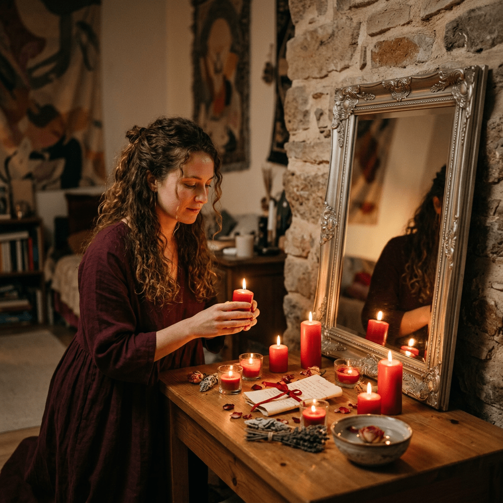 Woman lighting red candles on a wooden table with mirror and dried flowers