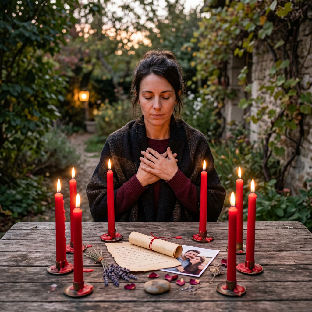 Woman with closed eyes sitting at a table with lit red candles, a handwritten letter, a rolled scroll, a photo of a couple, lavender sprigs, and flower petals.