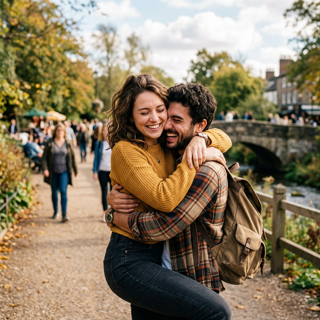 Couple reunited embracing joyfully outdoors