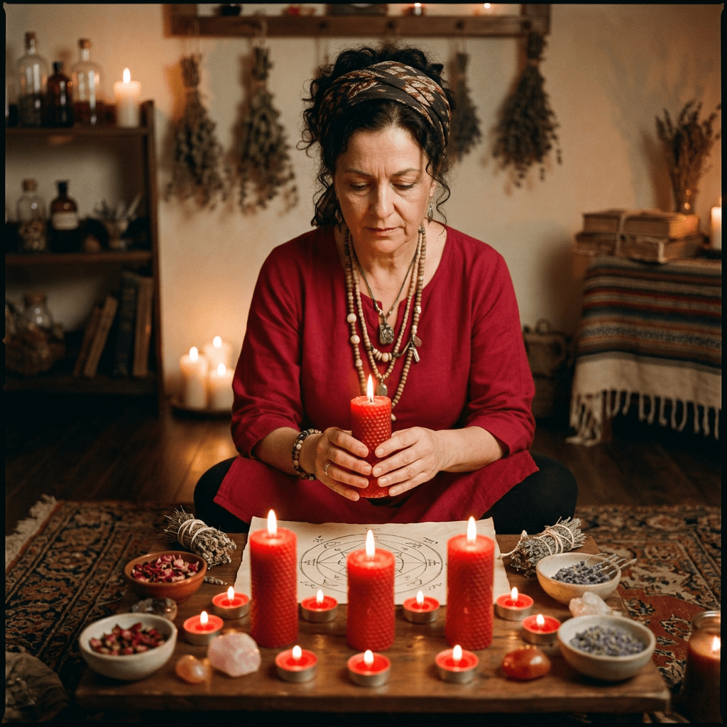 Woman holding a red candle surrounded by lit candles, herbs, and crystals during a ritual