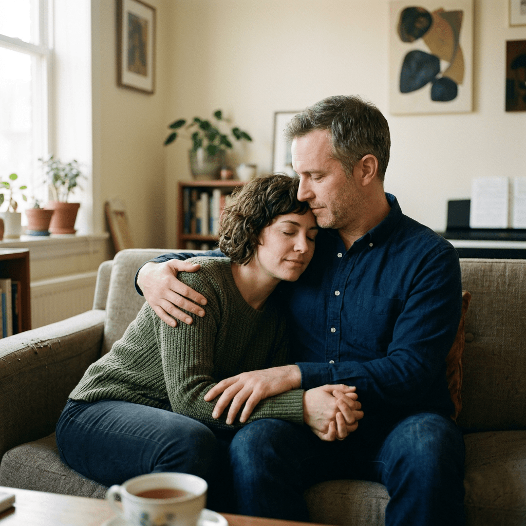 Man and woman sitting closely on a couch embracing each other in a cozy living room.