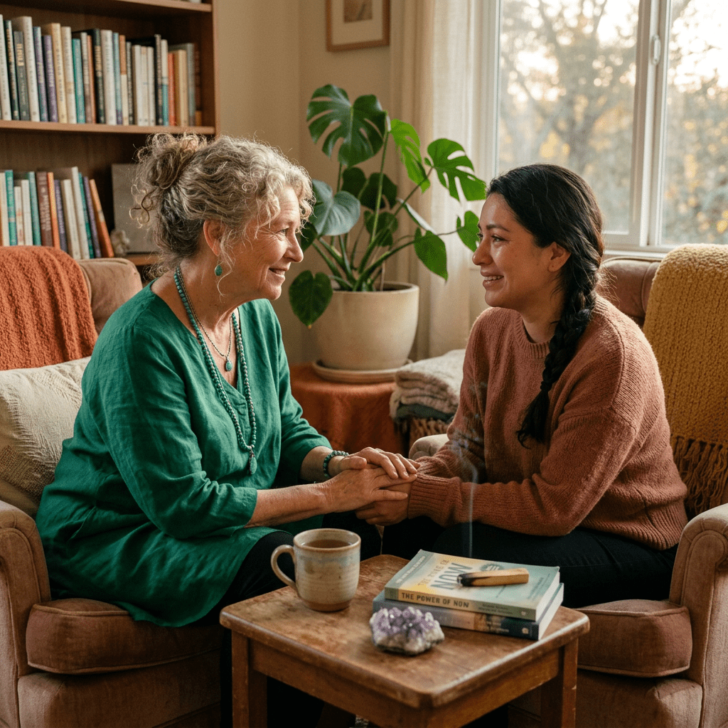Two women sitting and holding hands while smiling and talking warmly