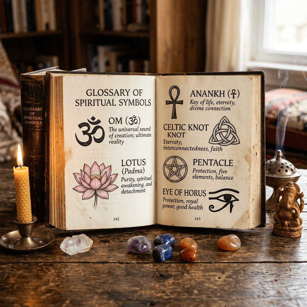 Open book showing glossary of spiritual symbols including Om, Lotus, Anankh, Celtic Knot, Pentacle, and Eye of Horus with meanings