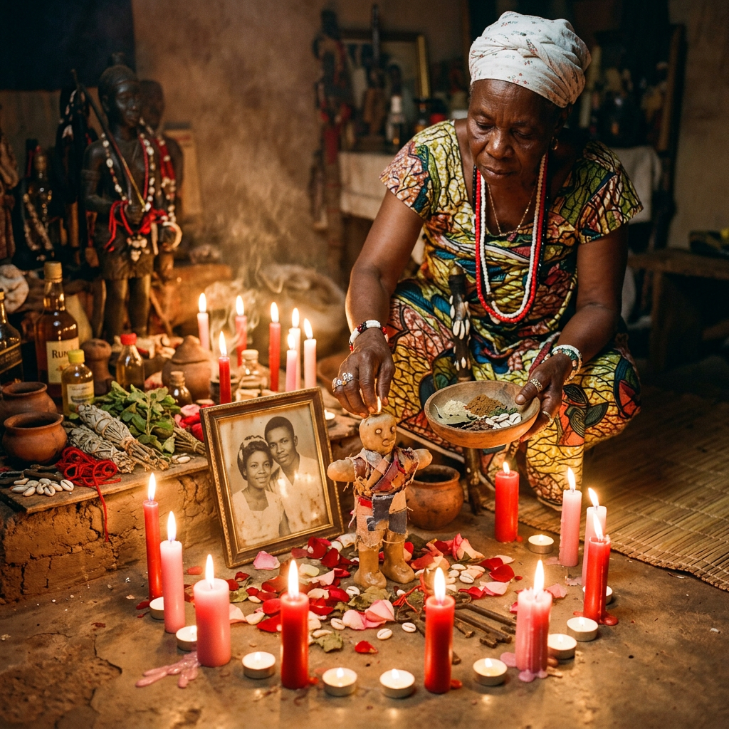 Woman in colorful dress performing ritual with candles, photo, and doll