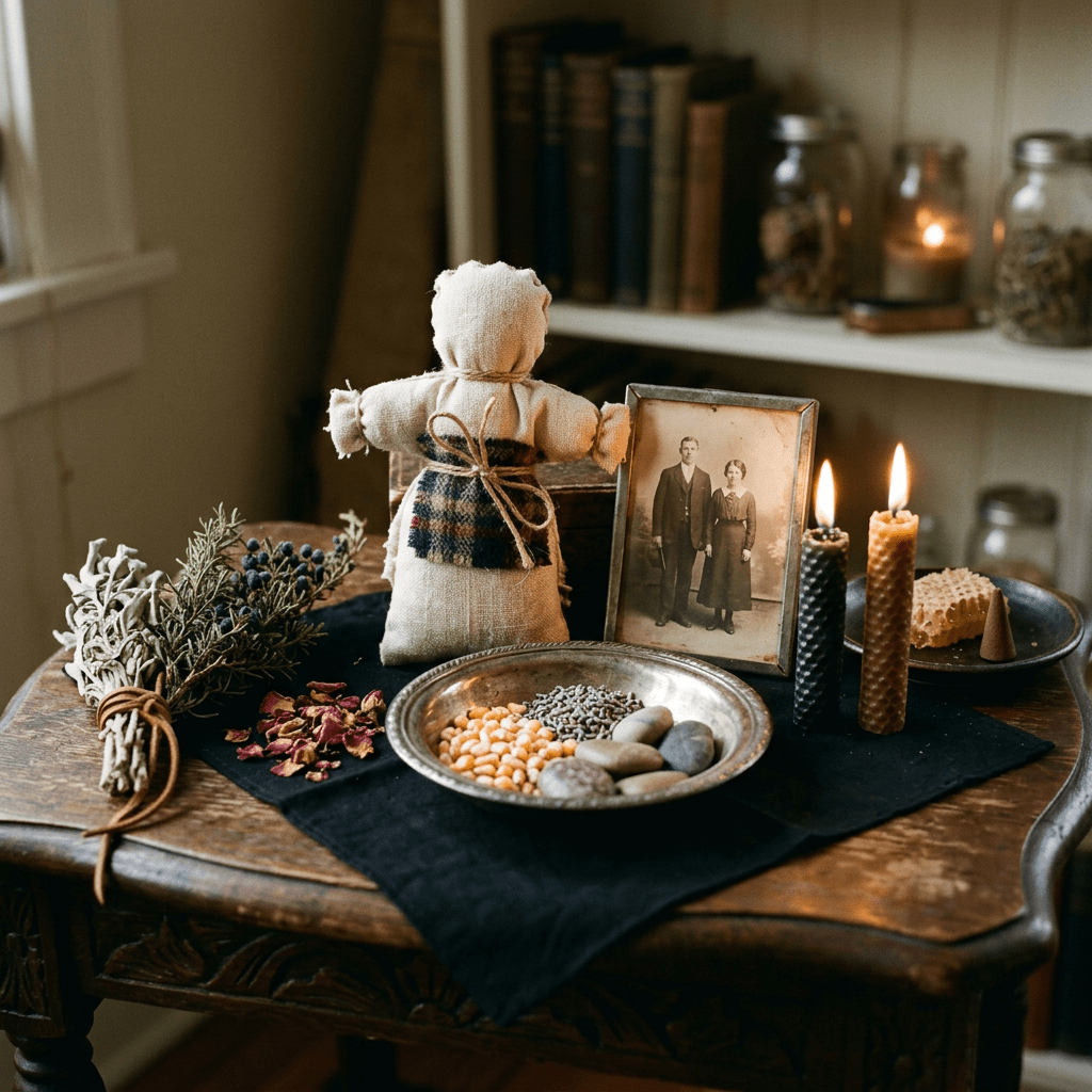 Handmade cloth doll, lit candles, vintage photo, herbs, and bowl with seeds on wooden table