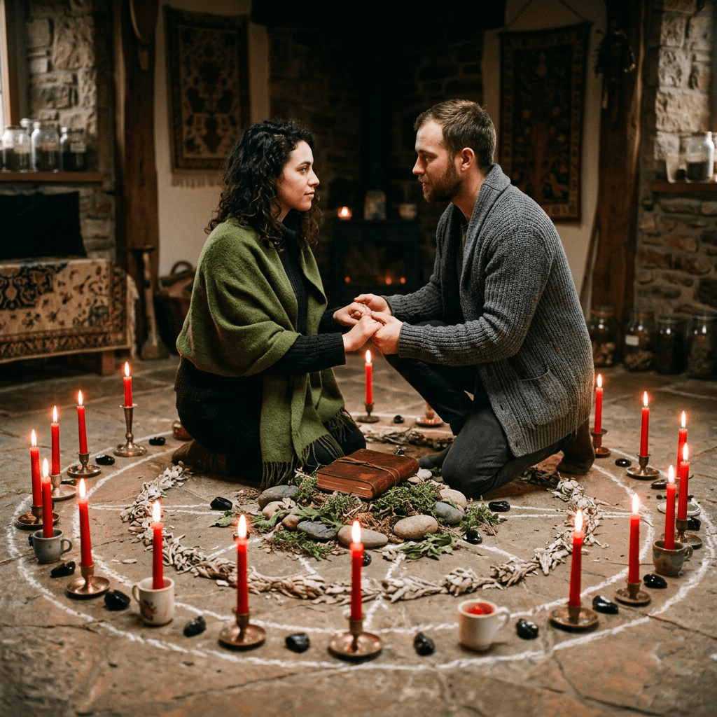 Man and woman holding hands within a circle of lit red candles and natural objects