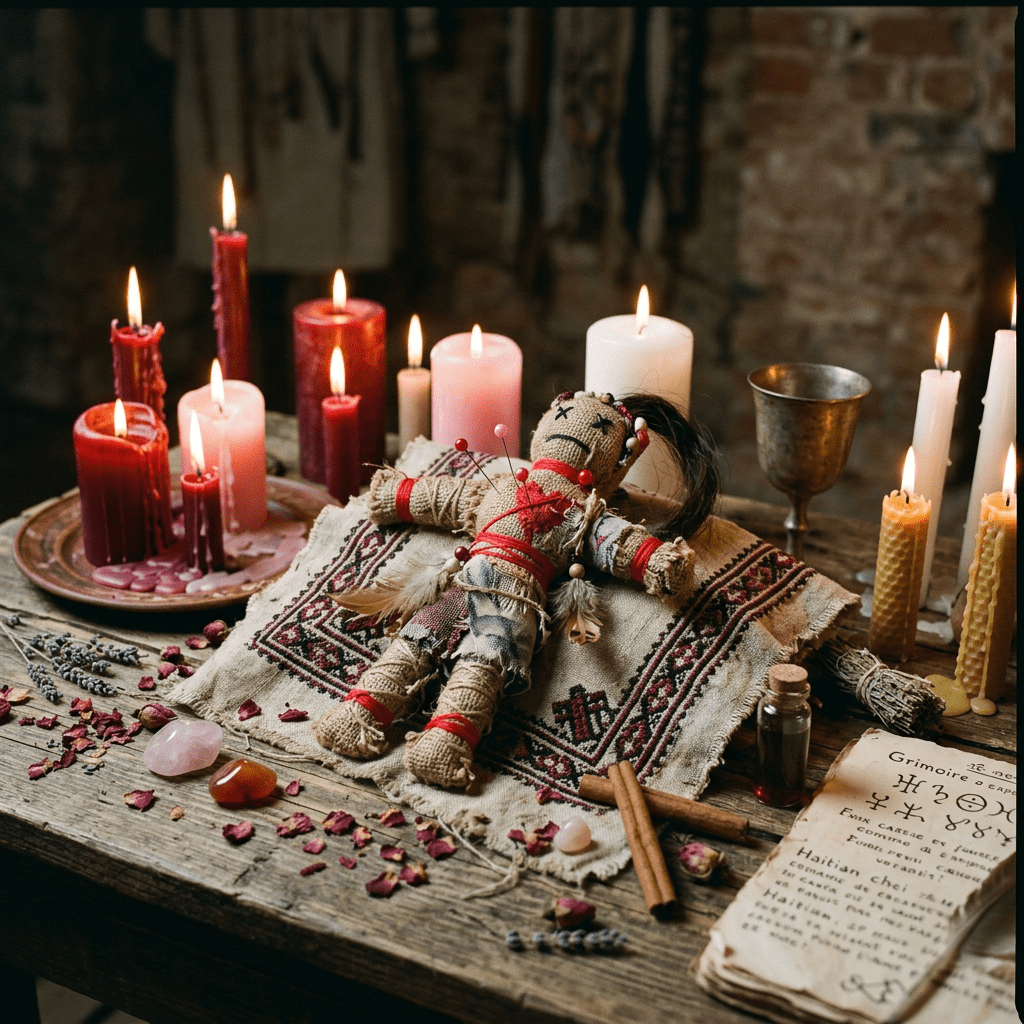 Voodoo doll with pins on cloth surrounded by candles, herbs, and ritual objects