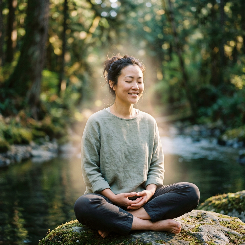 Woman sitting cross-legged on mossy rock meditating outdoors near a stream