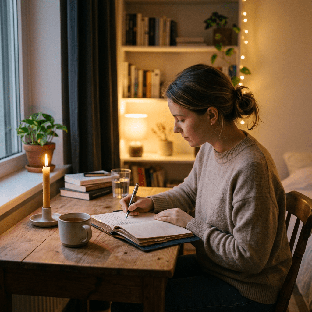 Woman writing in a journal at a wooden table with candle and tea