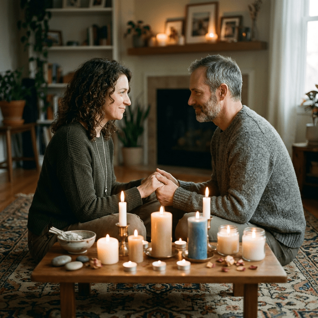 Man and woman sitting cross-legged at a low wooden table with lit candles, holding hands and smiling at each other