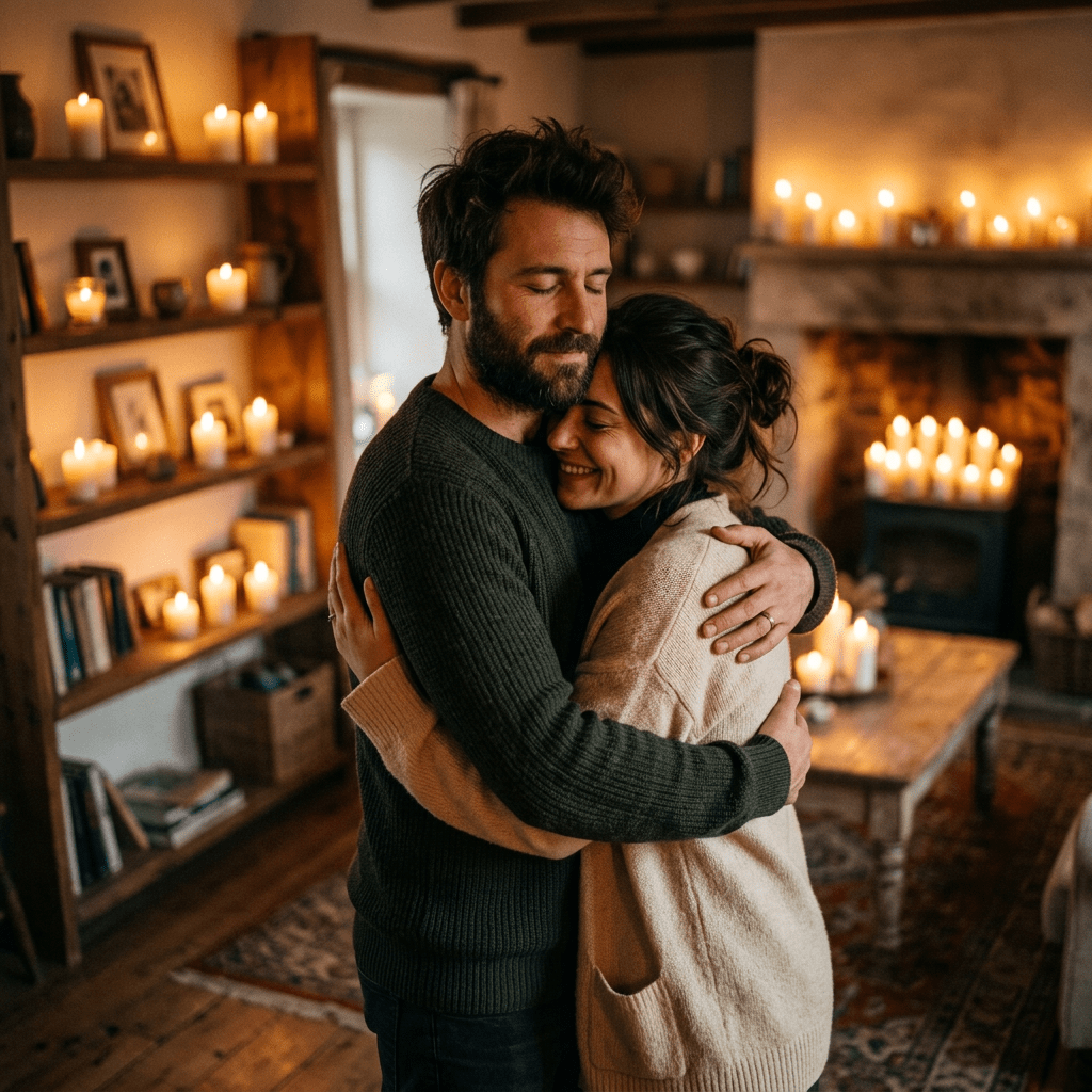 Couple hugging warmly in a candlelit living room with shelves and fireplace.
