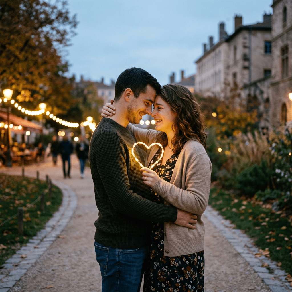 Couple embracing outdoors holding glowing heart-shaped lights in the evening
