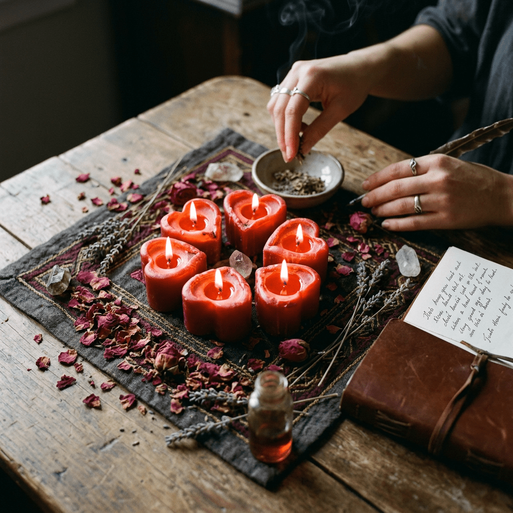 Six burning heart-shaped red candles on cloth surrounded by dried flowers and crystals with hands holding herbs and a journal.