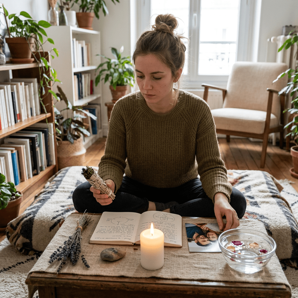 Woman holding a sage bundle near candle, photo, and notebook on table indoors