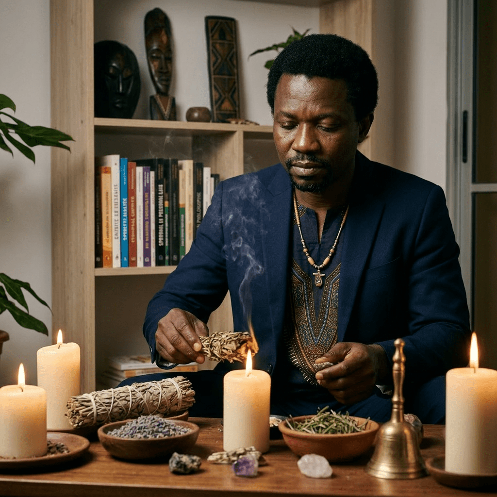 Man lighting sage stick over candle surrounded by candles, bowls of herbs, and crystals
