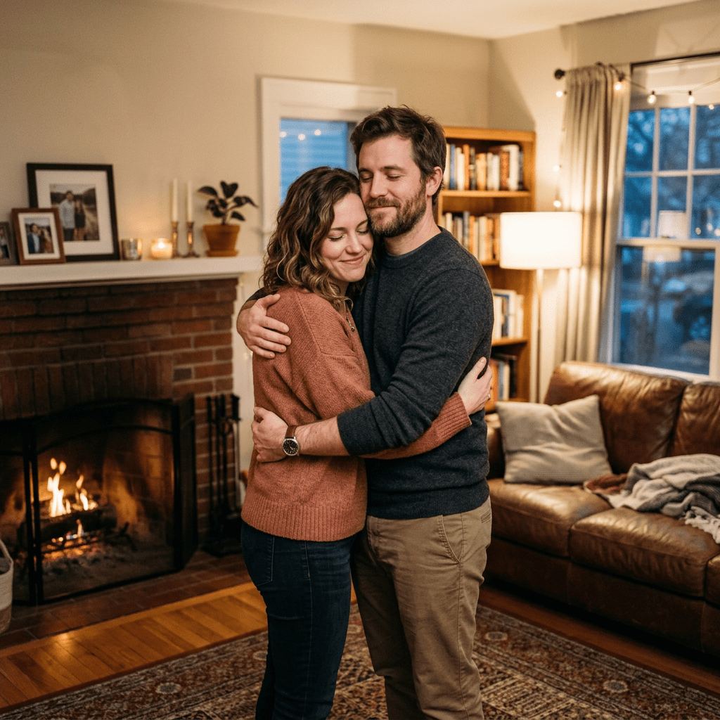 Couple reconciling warmly indoors