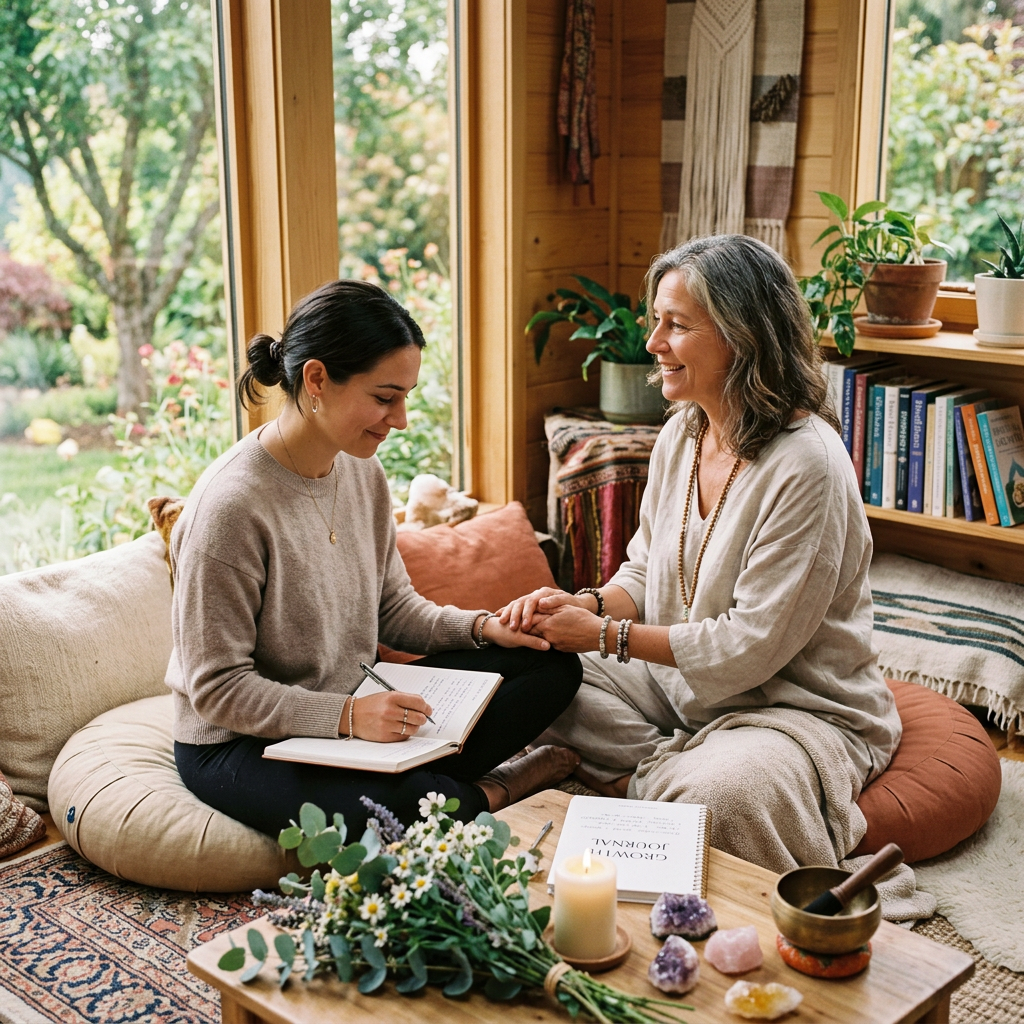 Two women sitting on floor cushions in a cozy room, holding hands and writing in notebooks